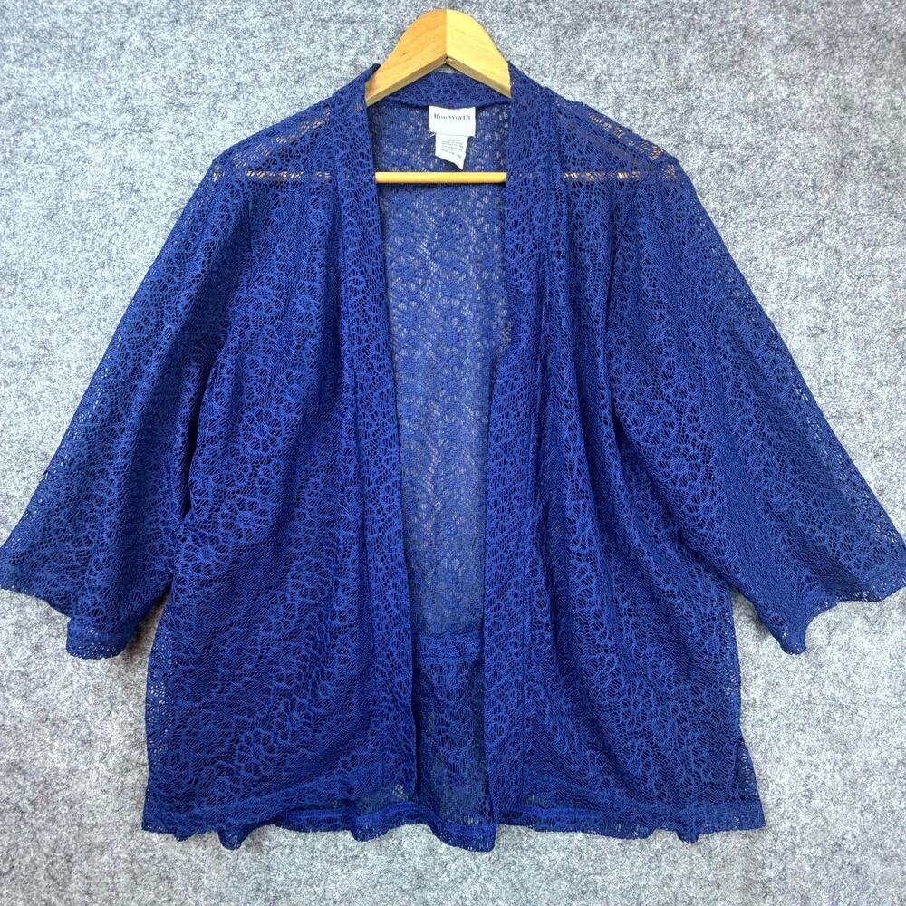 Bon Worth Open Knit Cardigan Womens Large Navy Blue Crochet Boho Festival Y2K